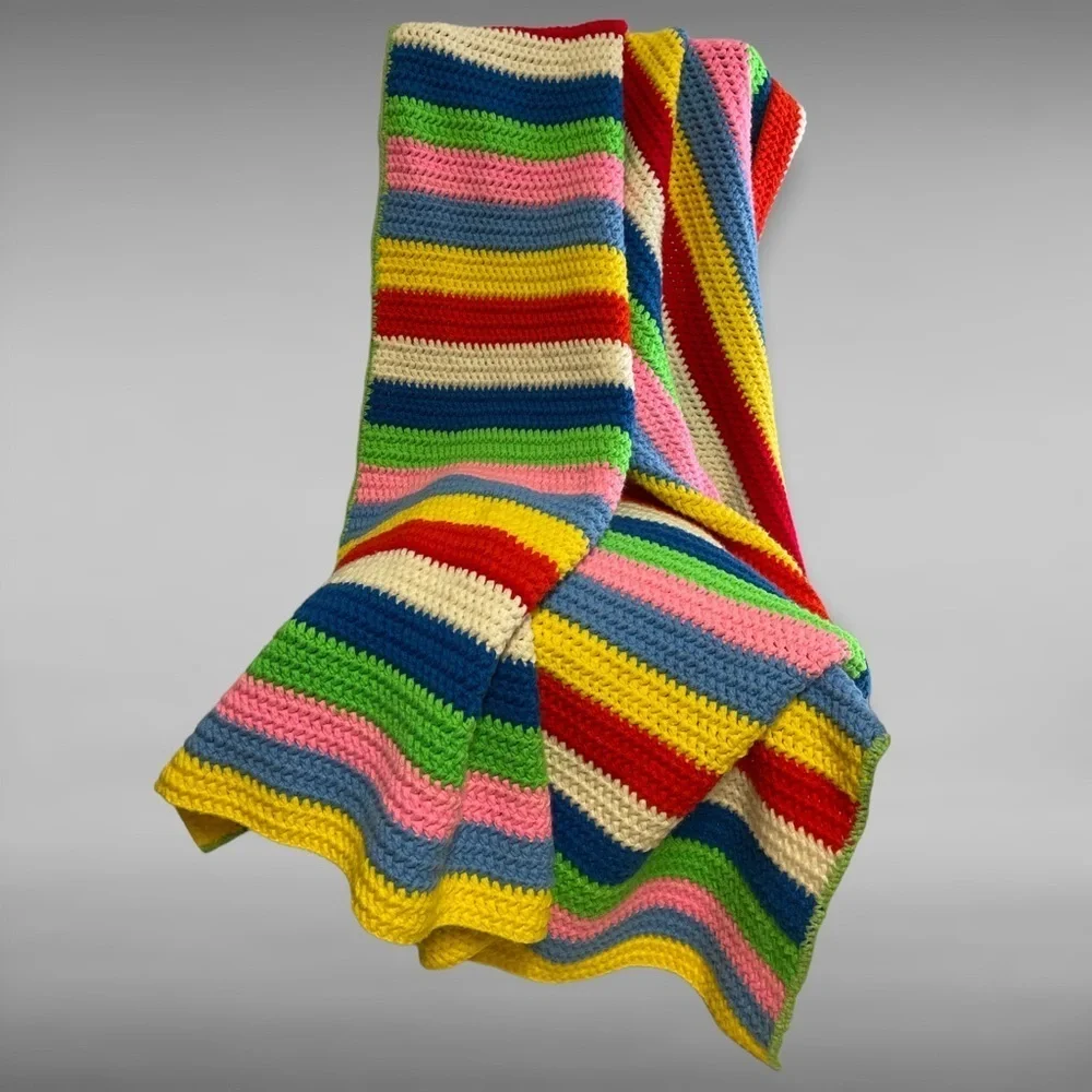 Handmade Crocheted Colorful Rainbow Afghan Blanket Throw 64 x 116 Pride